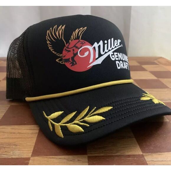 Miller Genuine Draft Snapback Trucker Hat Cap Black Yellow Beer New Fast Ship - Picture 1 of 12